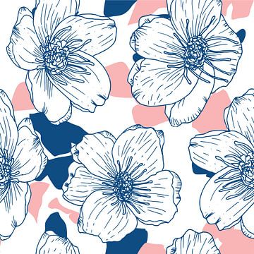 Blumen im Retro-Stil. Moderne abstrakte botanische Kunst. Pastellfarben rosa und dunkelblau von Dina Dankers