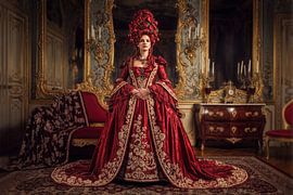 Woman in Red Gown in Ornate Room by Markus Gann