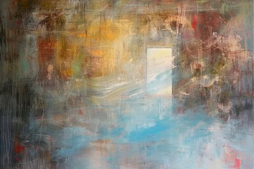 Abstract schilderij,  blauw, geel, wit en bruin