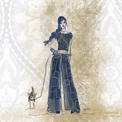 Fashion sketch patchwork jeans