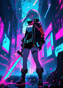 Anime Cyberpunk Mädchen hält Schwert