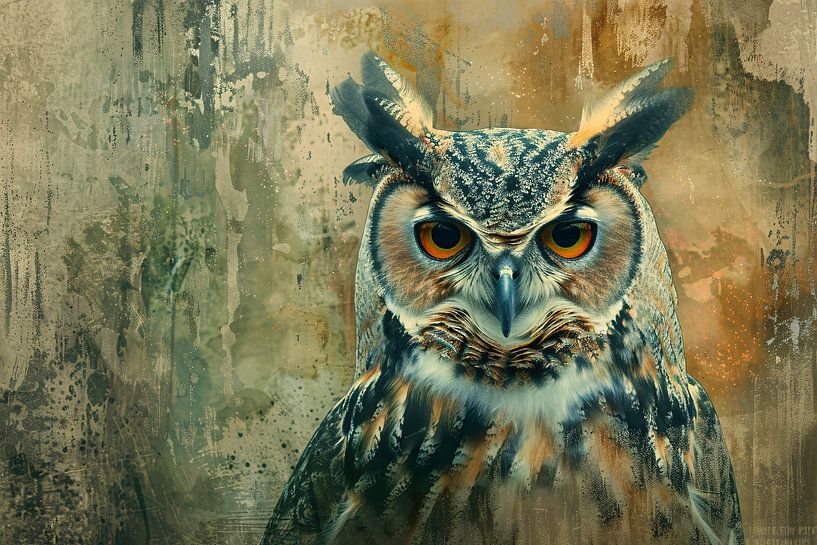 Mystieke uil tegen rustieke achtergrond van Art & Soul Creations