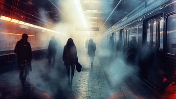 Silhouetten in de mist bij het metrostation van Frank Heinz