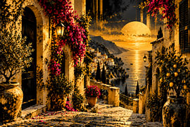 Mediterrane Gasse in Schwarz & Gold | Italienische Küste mit Bougainvillea & Zitronen | Poster Querformat von ButterflyPix