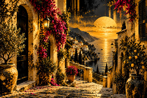 Mediterrane steeg in zwart & Gold | Italienische Küste mit Bougainvillea & citroenen | Poster in liggend formaat