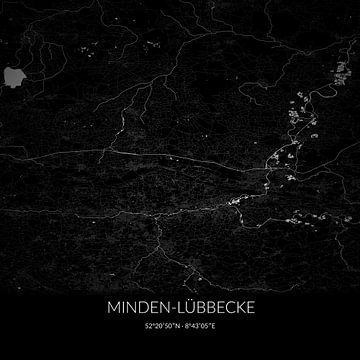 Black-and-white map of Minden-Lübbecke, North Rhine-Westphalia, Germany. by Rezona