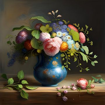 Vaas met exotische bloemen - klassiek romantisch II van Betty Maria Digital Art