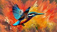 Dynamische IJsvogel tegen warme achtergrond