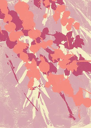 Abstract botanisch. Bloemen in koraal, paars, wit op lila.