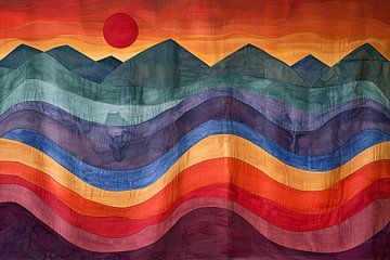 Kleurrijk abstract landschap met bergen en zon van Art & Soul Creations