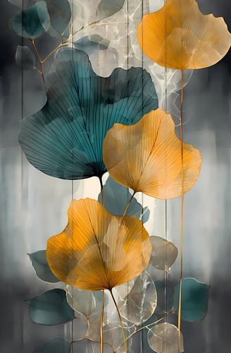 Groene en oranje bladeren tegen een donkere achtergrond