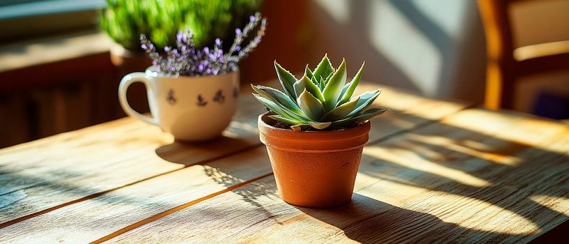 Grüne Pflanzen auf Holztisch dekoriert von Poster Art Shop