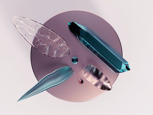 kristal en glazen blaadjes op een schijf