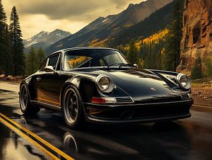 Porsche noire dans un paysage de montagne_3