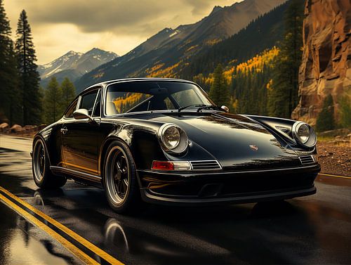 Porsche noire dans un paysage de montagne_3