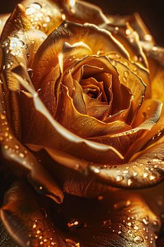 Close-up van een gouden roos met waterdruppels van Art & Soul Creations
