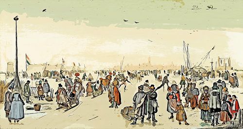 Enjoying the ice near a Town in cartoon style