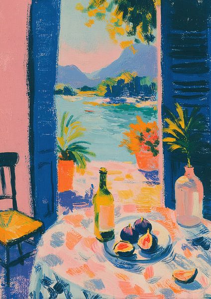 Tisch mit Feigen und Wein am Meer von Niklas Maximilian