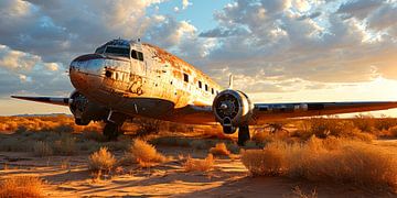 Abandoned plane in the desert at sunset by Vlindertuin Art