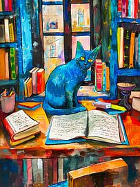 Cat sitting Among Open Books on table