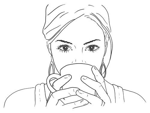 Ontspannen met een kop koffie of thee (line art lijntekening cappuccino keuken portret vrouw koffie)