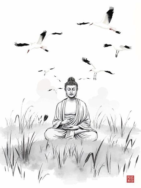 Bouddha / Boeddha Peinture à l'encre japonaise par MIROKKU