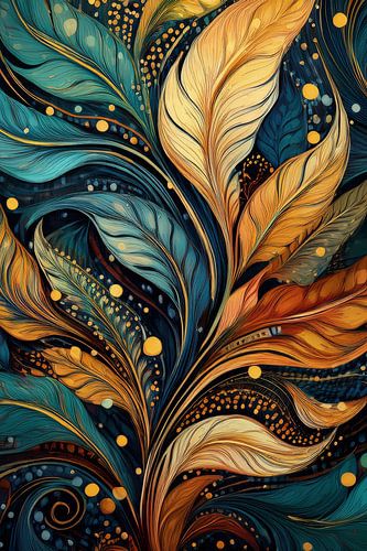 Behang met structuur en bladeren in groen en goud