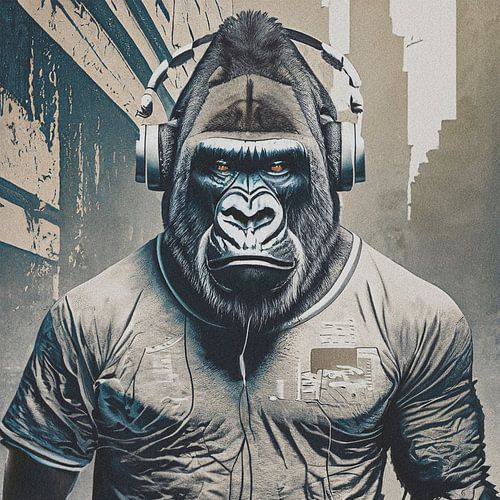 Digitales Gorilla-Portrait mit Kopfhörer von Pim Haring