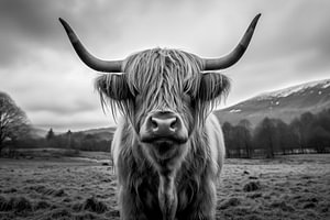 Schwarzweißfotografie schottisches Hochlandrind auf dem Bauernhof