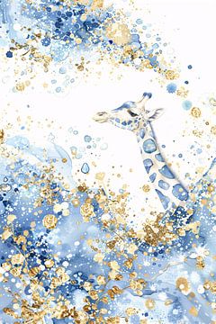 Sierlijke giraffe in blauw en goud van Art & Soul Creations