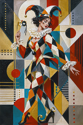 An elegant harlequin in a cubist style.