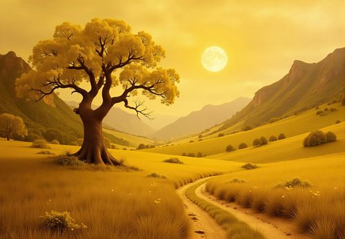 Digitale weergave van een boom in een landschap in de Gouden Vallei