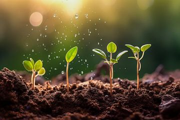 Les jeunes plantes poussent dans le sol avec des gouttelettes d'eau et symbolisent la croissance, les concepts écologiques sur Animaflora PicsStock