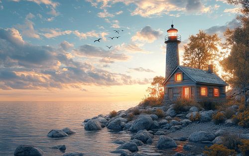 Leuchtturm und Cottage am Meer