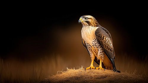 Majestic Hawk Perched On Hay Bales With Dark Background