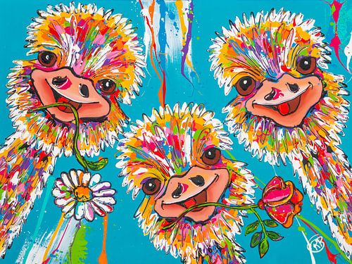 Vrolijke struisvogels in blauw