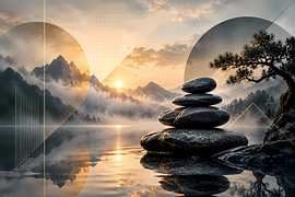 Zen-stenen bij het bergmeer | Meditatie & balans bij zonsopgang | Poster in liggend formaat van ButterflyPix