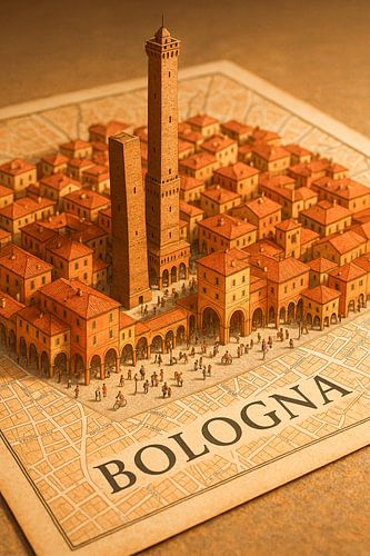 Bologna Twee Torens 3D Kaart - Middeleeuws Italië Muurkunst
