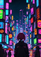 anime meisje op zoek naar gloeiende stad