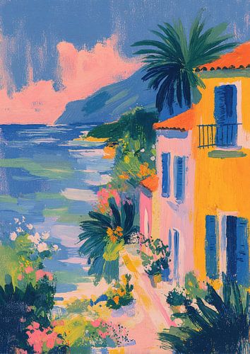 Gouache Riviera coastal town pastel colours