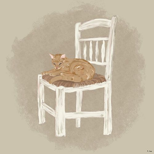 Roter Kater auf rustikalem Stuhl | Ölgemälde von Romy Smit