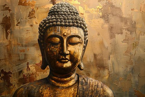 Bouddha dans une lumière dorée sur fond rustique