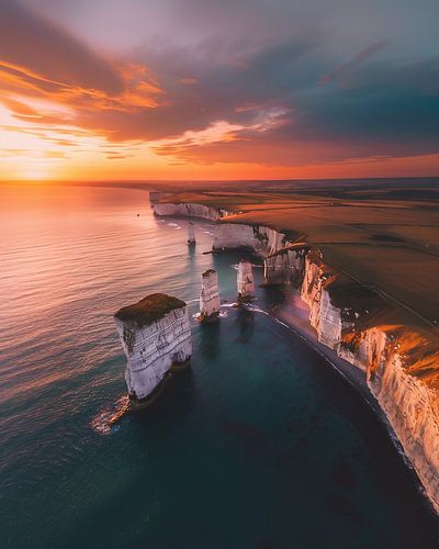 Steile kust gloeit in avondgoud