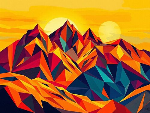 Levendige geometrische pieken: Een modern abstract berglandschap bij zonsondergang met twee zonnen