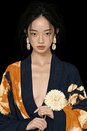 Modernes, minimalistisches Porträt einer Bohemien-Frau mit ockergelbem Kimono