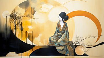 Asian meditation moment with woman by Vlindertuin Art