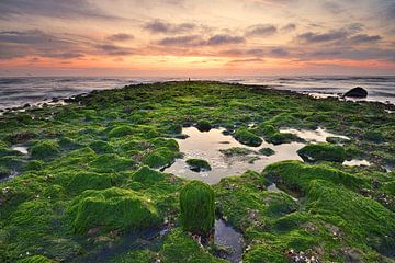 Wellenbrecher Texel bei Sonnenuntergang von John Leeninga