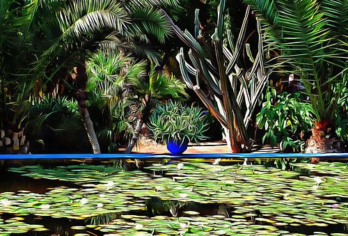 Seerosenteich mit blauem Pflanzentopf