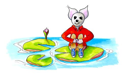 Illustration of a little mouse sitting on water lily