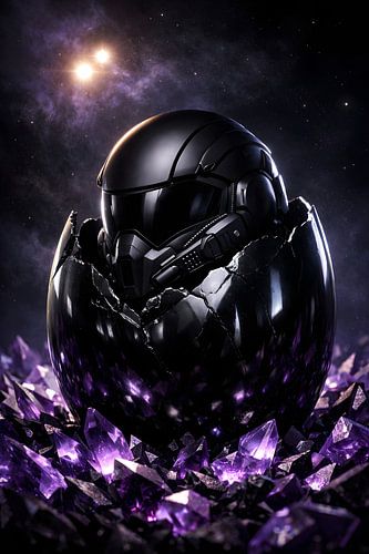 Sciencefictionhelm die uit een kosmisch ei tevoorschijn komt
